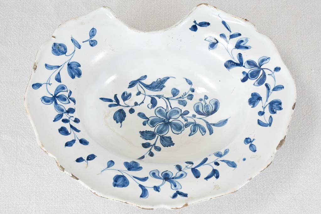 18th century French faience shaving bowl - handpainted with blue flowers