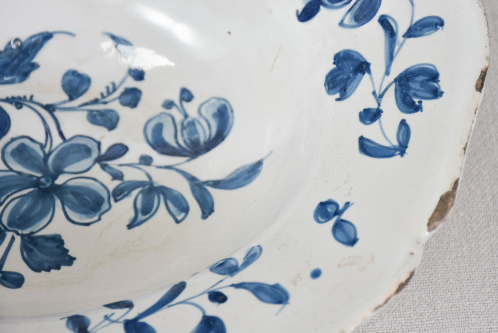 18th century French faience shaving bowl - handpainted with blue flowers