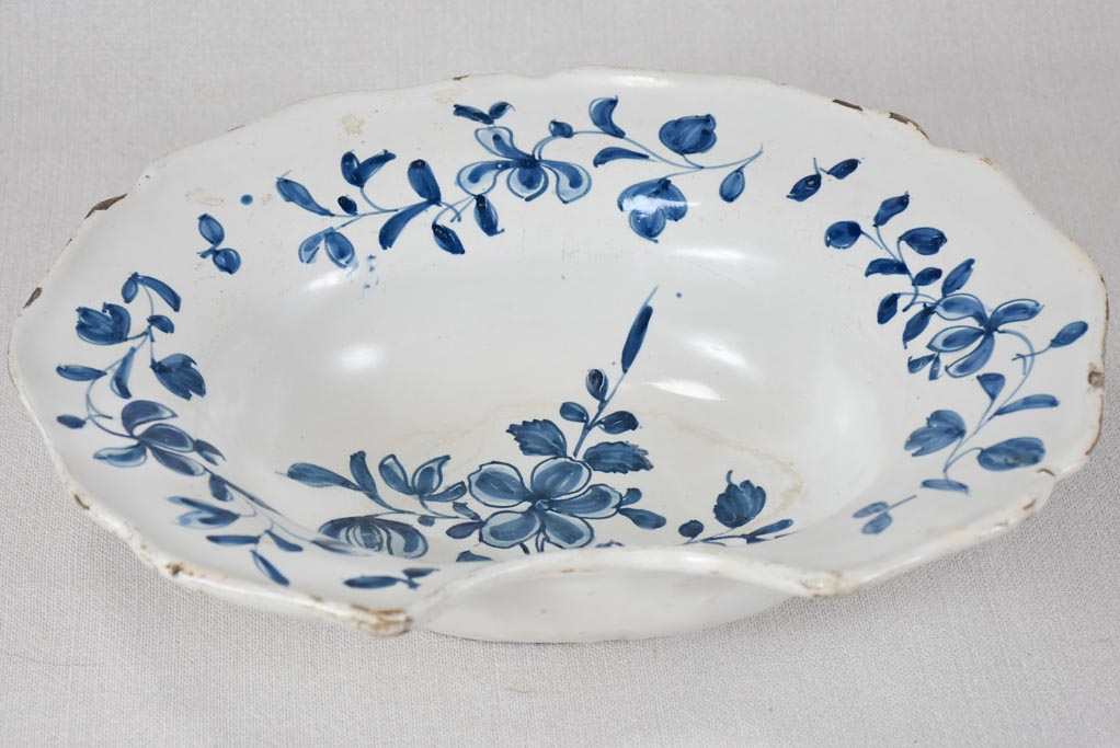 18th century French faience shaving bowl - handpainted with blue flowers