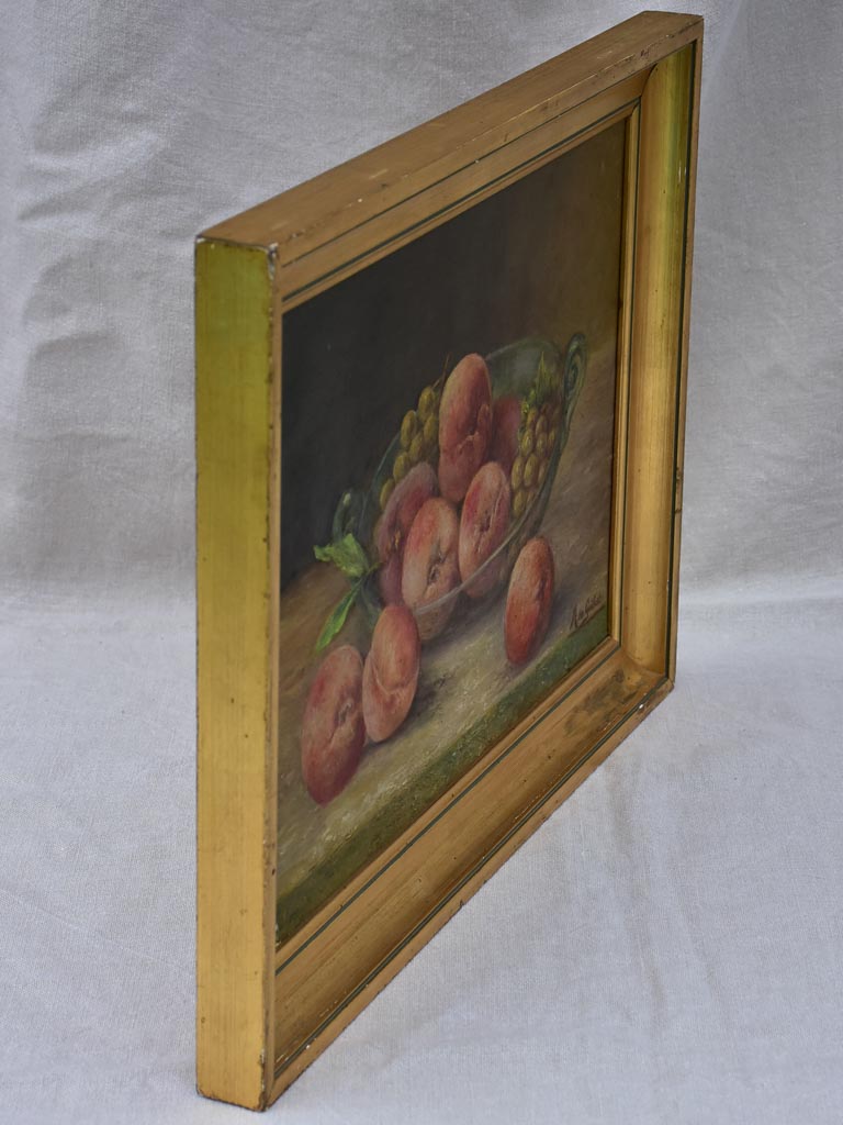 Vintage still life painting - peaches and grapes in a glass bowl. M de Guibert 1971