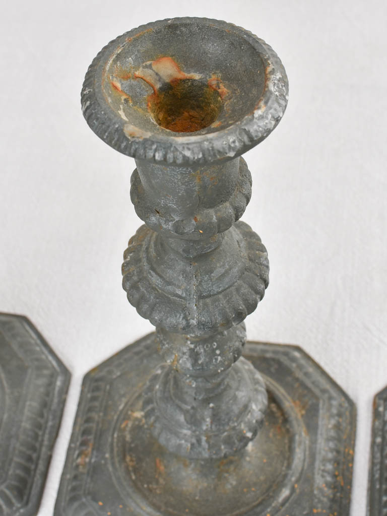 Pair of cast iron candlesticks with teal blue patina 13"