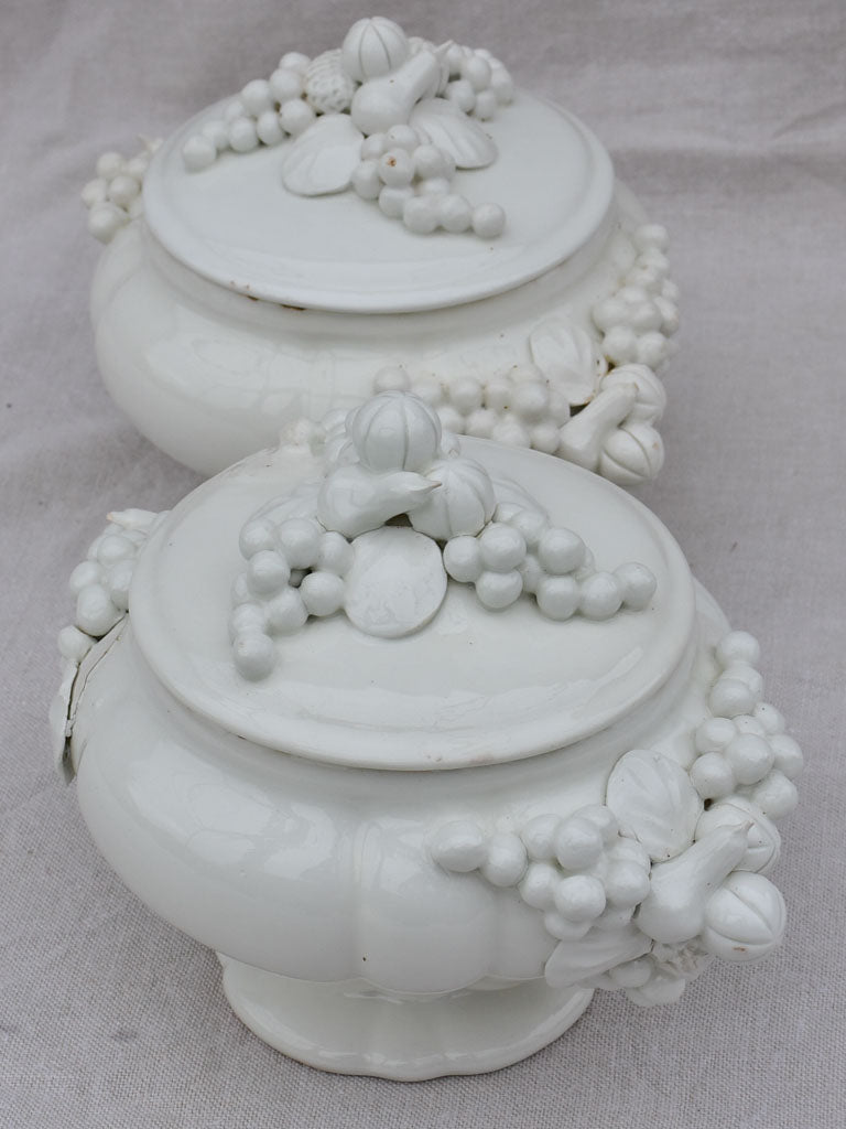 Pair of early 20th Century Italian soup tureens - white with sculpted garlands