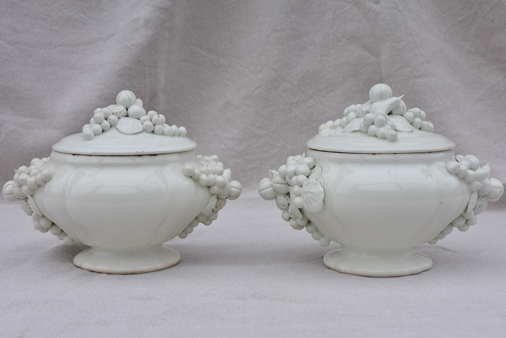 Pair of early 20th Century Italian soup tureens - white with sculpted garlands