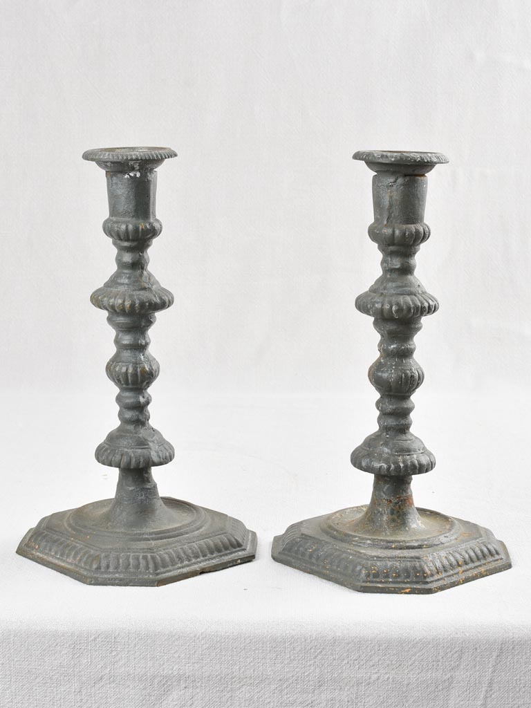 Pair of cast iron candlesticks with teal blue patina 13"