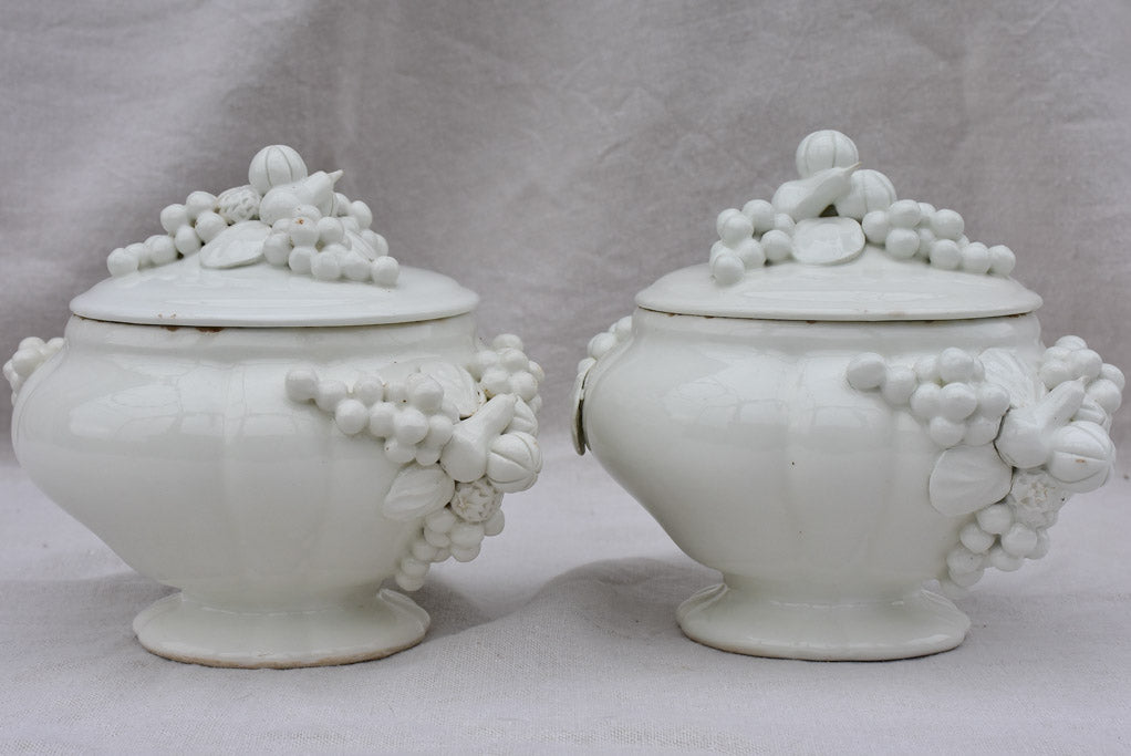 Pair of early 20th Century Italian soup tureens - white with sculpted garlands