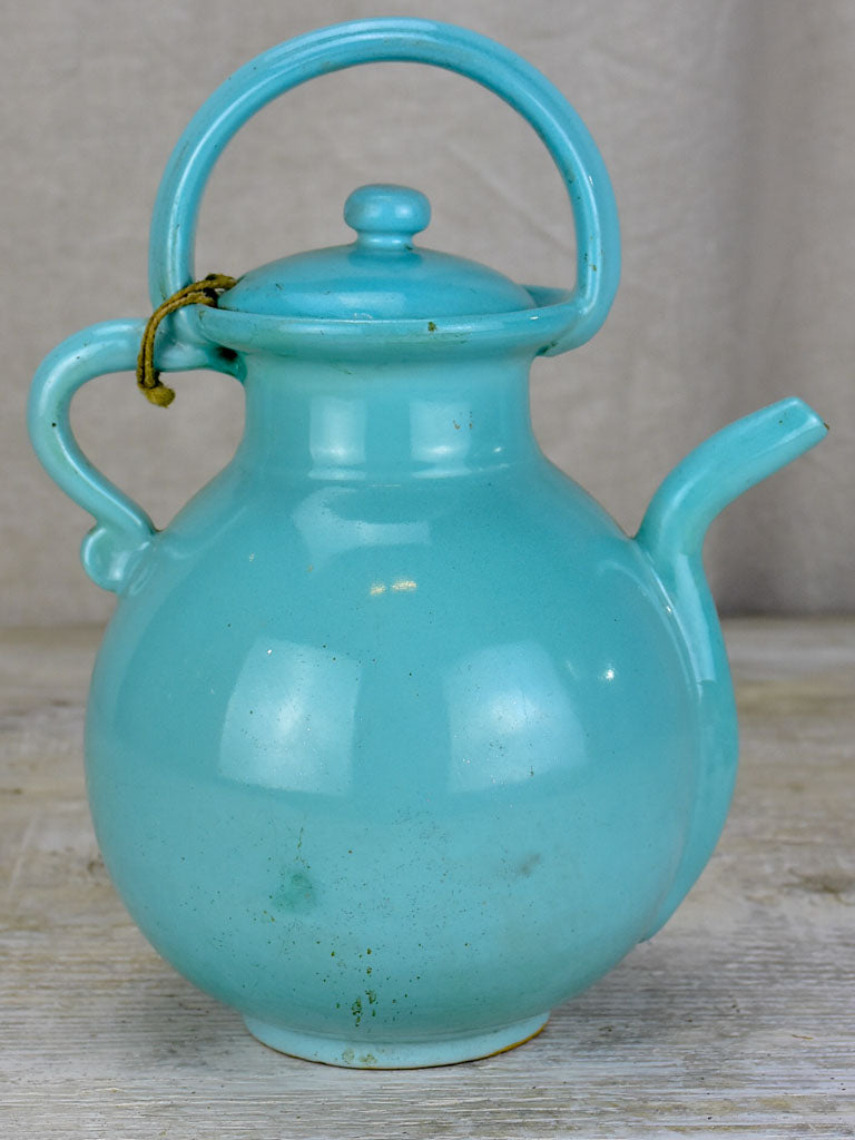 Vintage French water pitcher with lid and light blue glaze