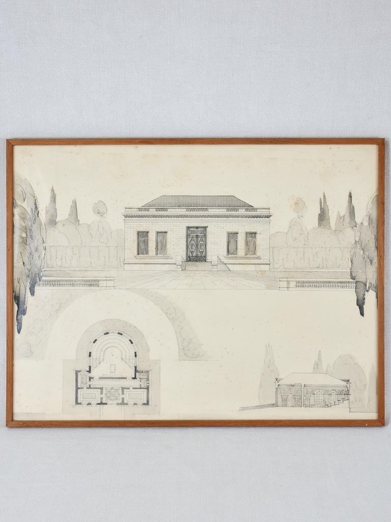 Antique architectural drawing - pencil, ink and watercolor 1/5 19¼x 25¼""