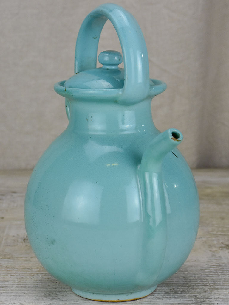 Vintage French water pitcher with lid and light blue glaze