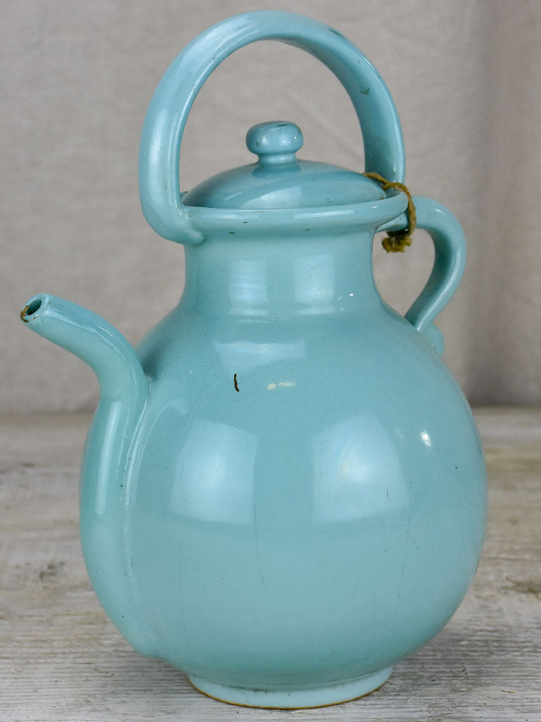 Vintage French water pitcher with lid and light blue glaze