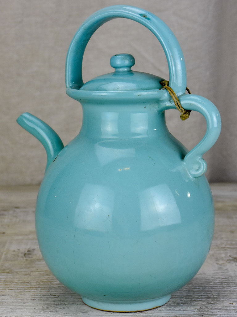 Vintage French water pitcher with lid and light blue glaze