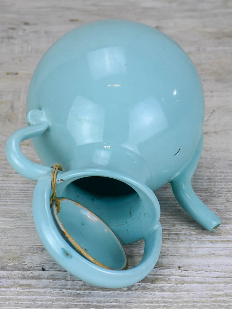 Vintage French water pitcher with lid and light blue glaze