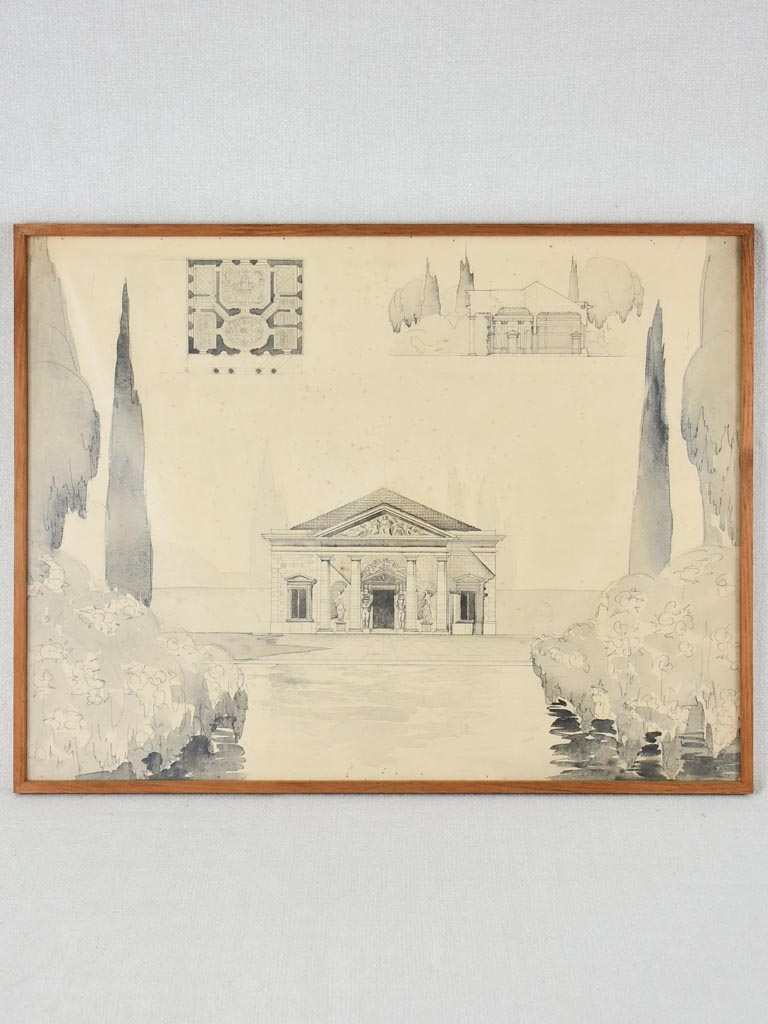 Antique pencil-drawn architectural artwork