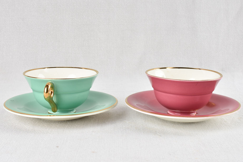 Two Salins tea cups and saucers - violet and green 1950s