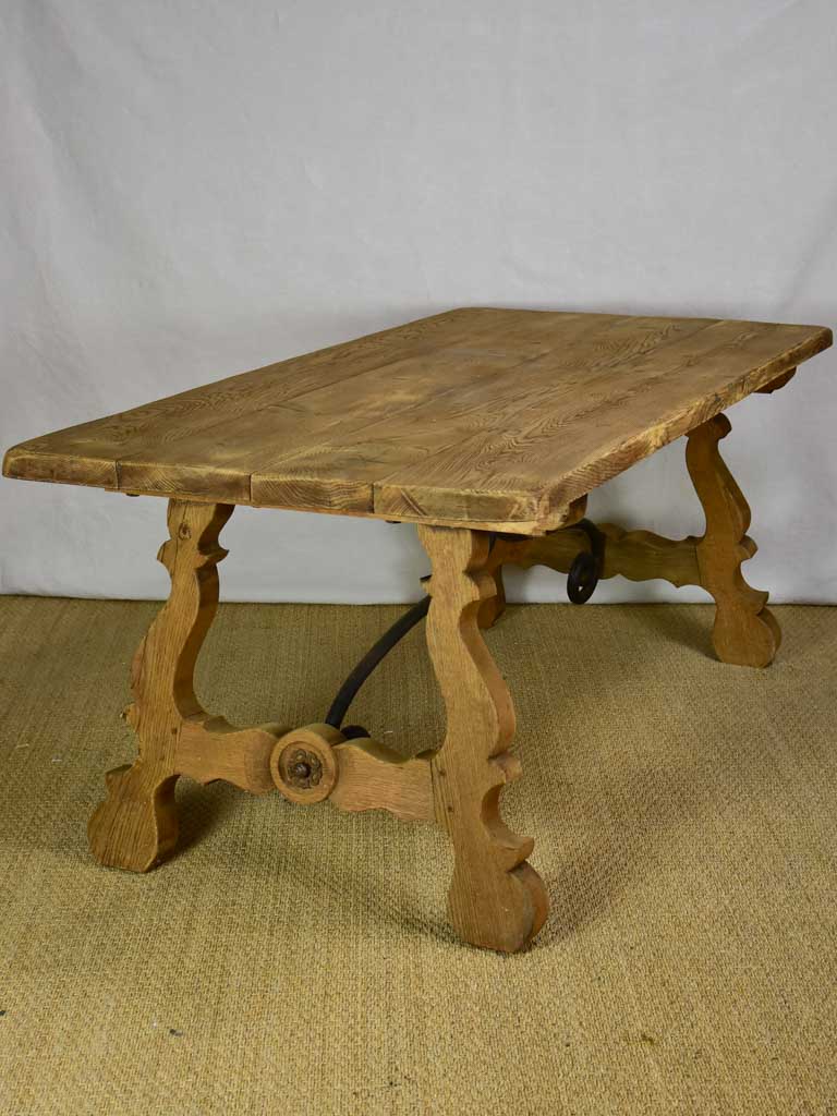 Antique Spanish oak table with wrought iron stretcher 34¼" x 70¾"