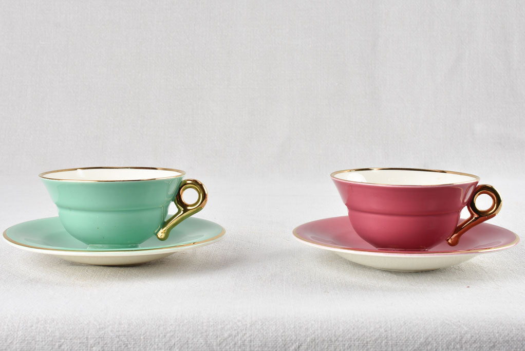 Two Salins tea cups and saucers - violet and green 1950s