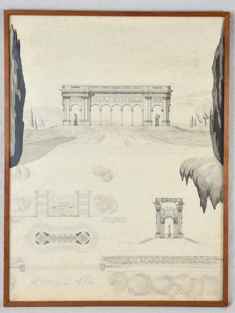 Antique watercolor architectural drawing, beautifully detailed