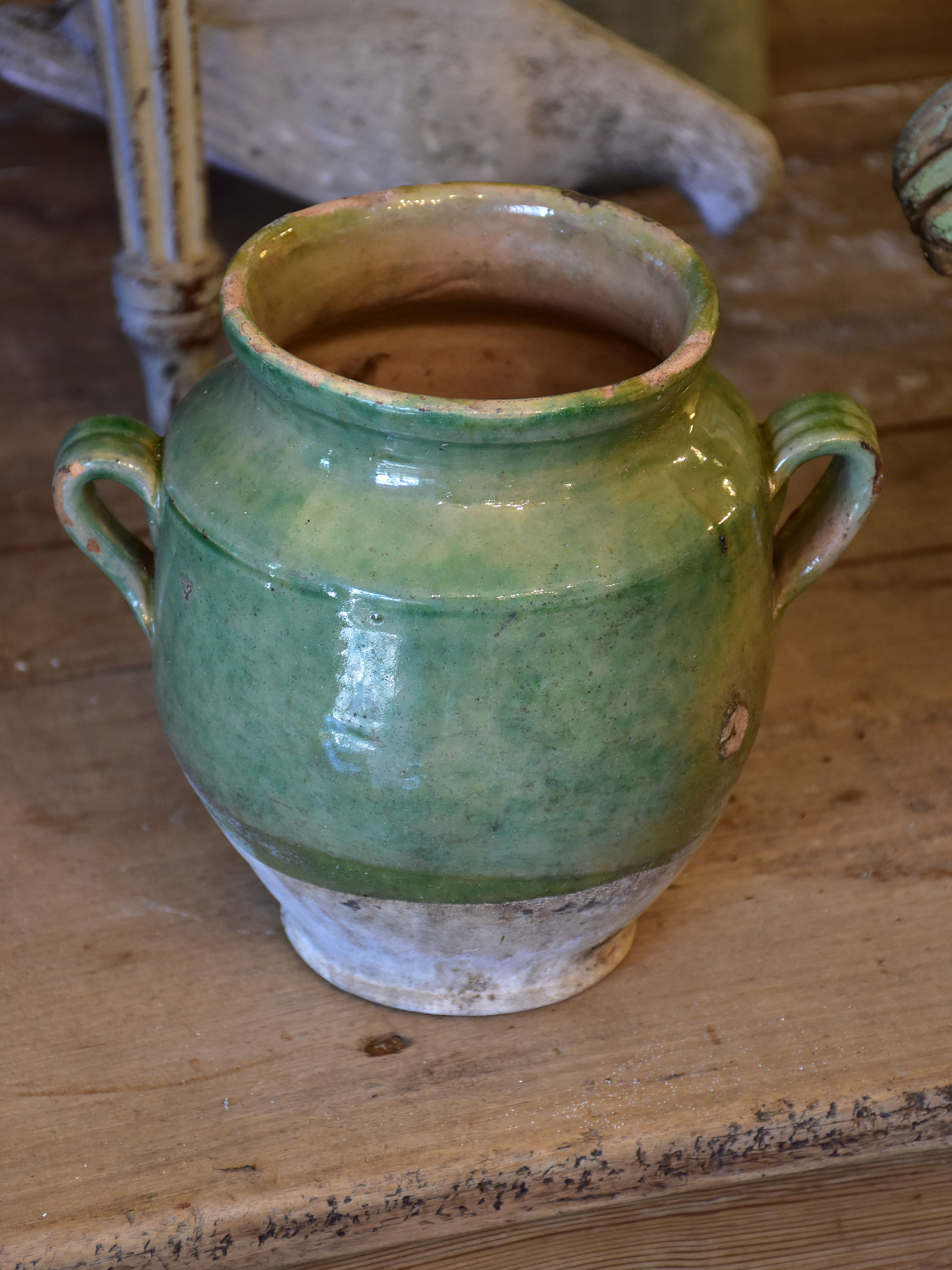 Small antique French confit pot with green glaze