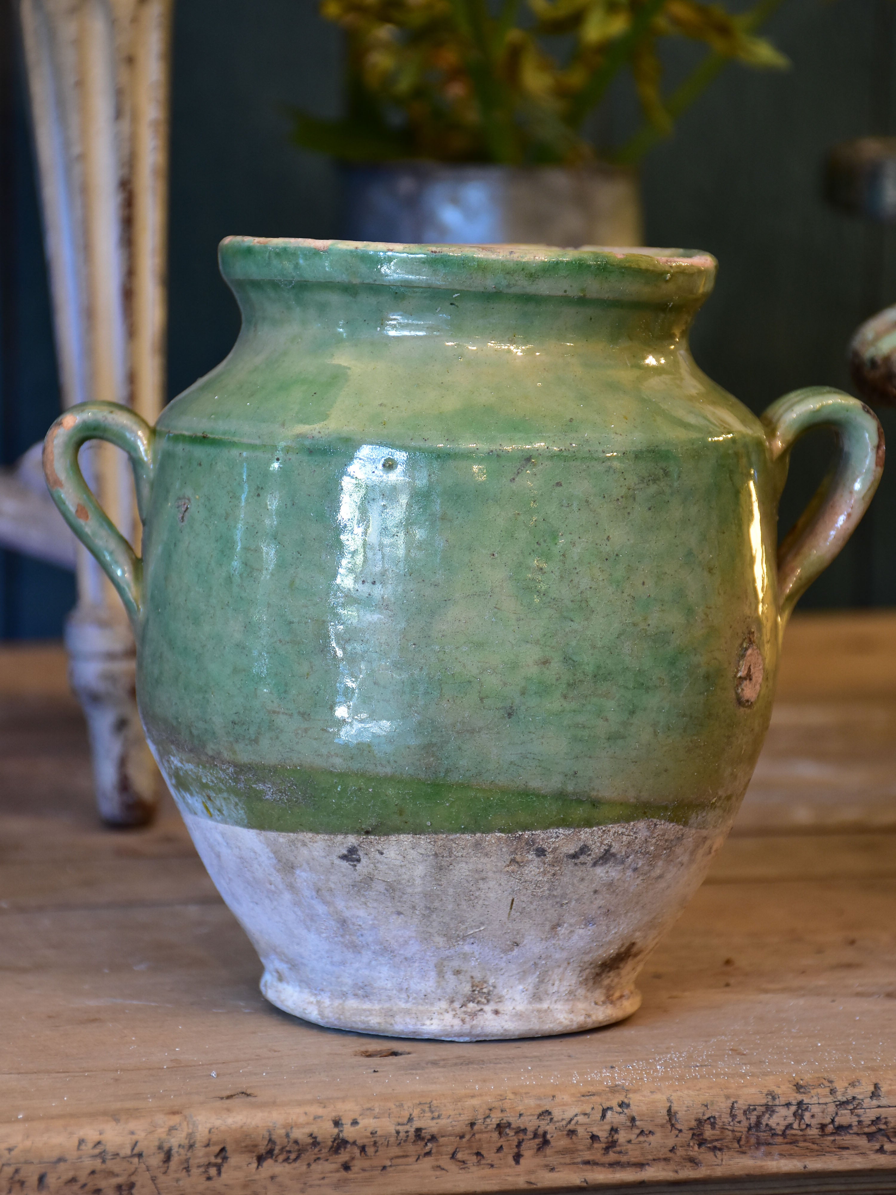 Small antique French confit pot with green glaze