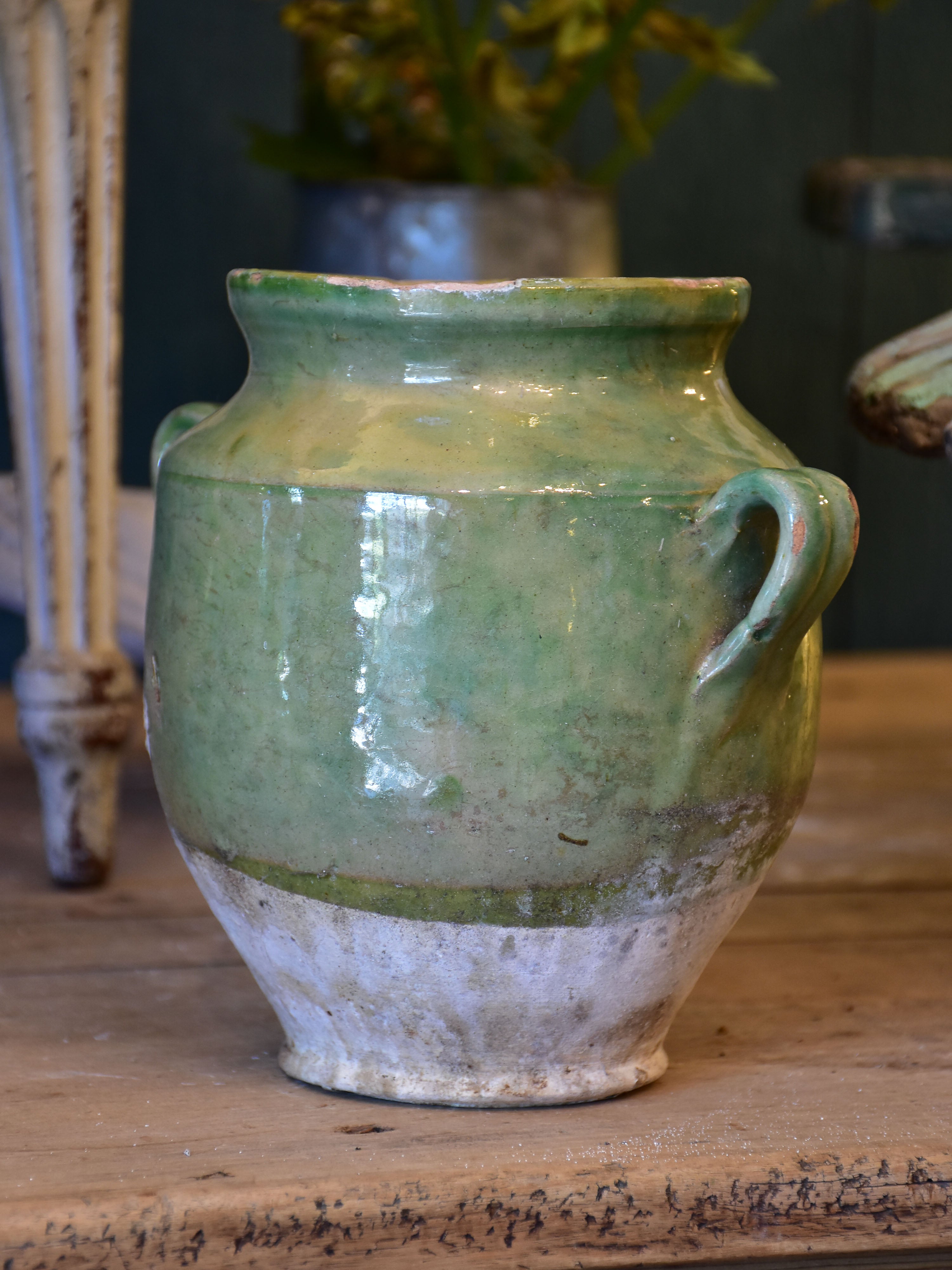 Small antique French confit pot with green glaze