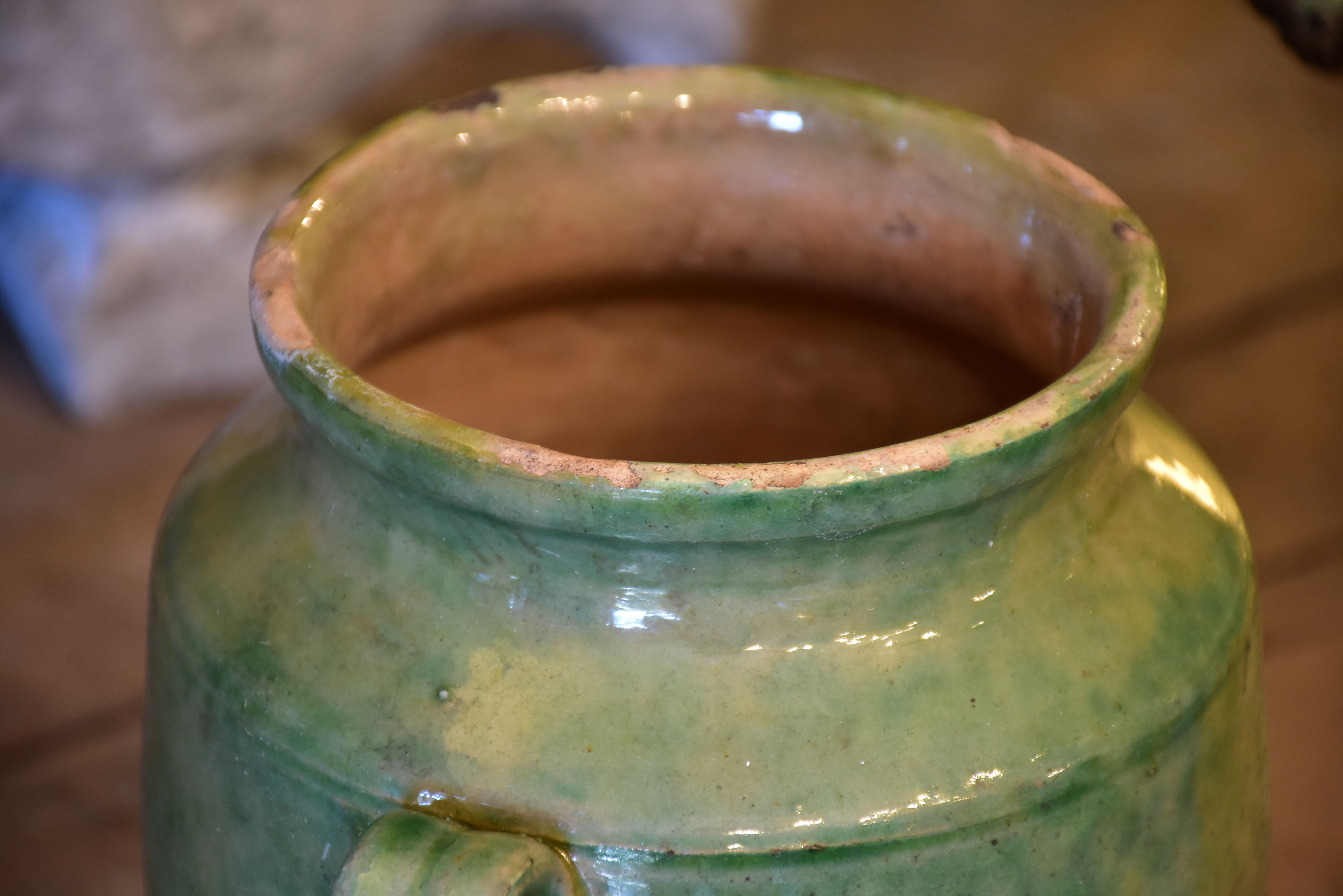 Small antique French confit pot with green glaze