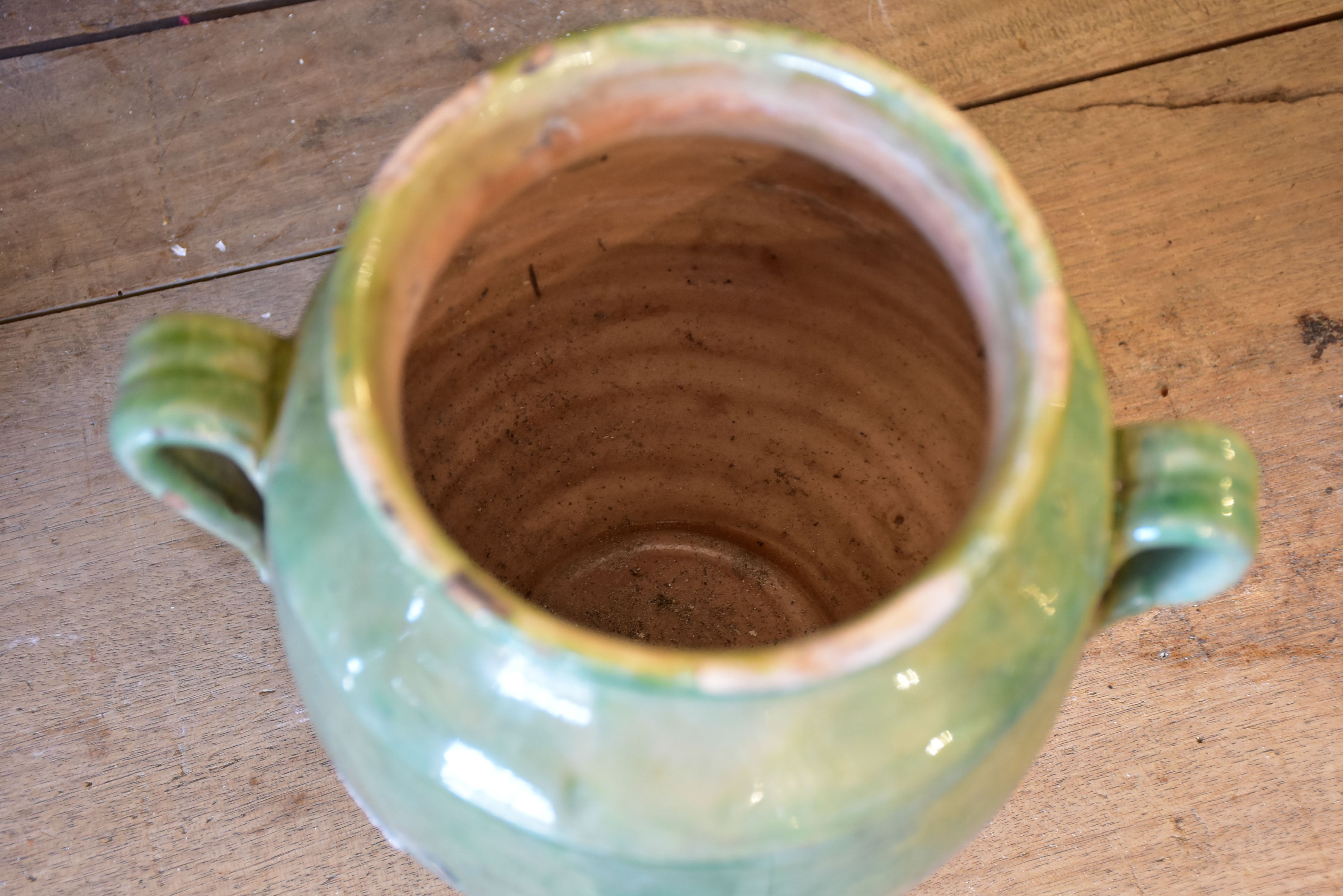 Small antique French confit pot with green glaze