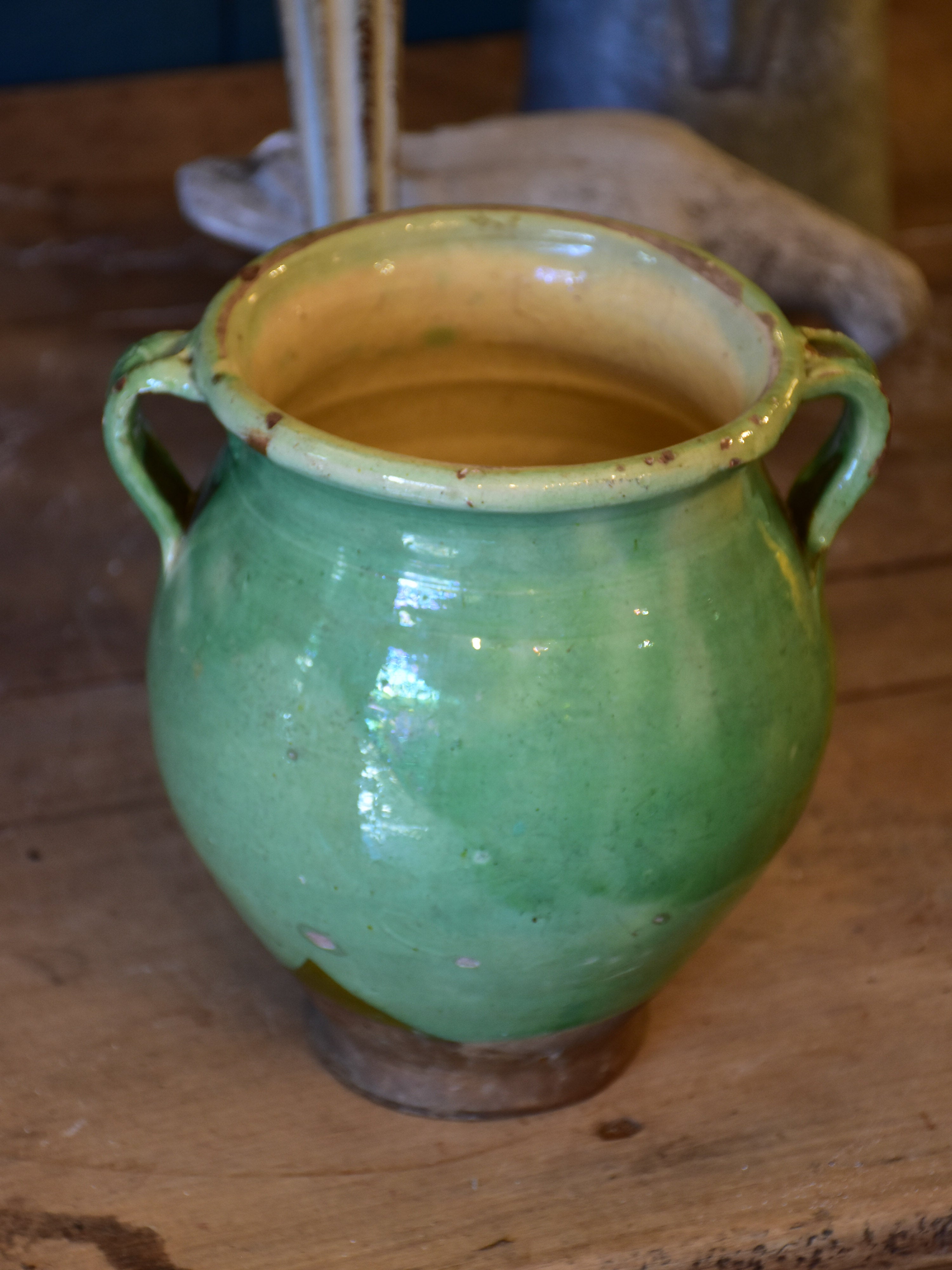 Antique French confit pot with green glaze