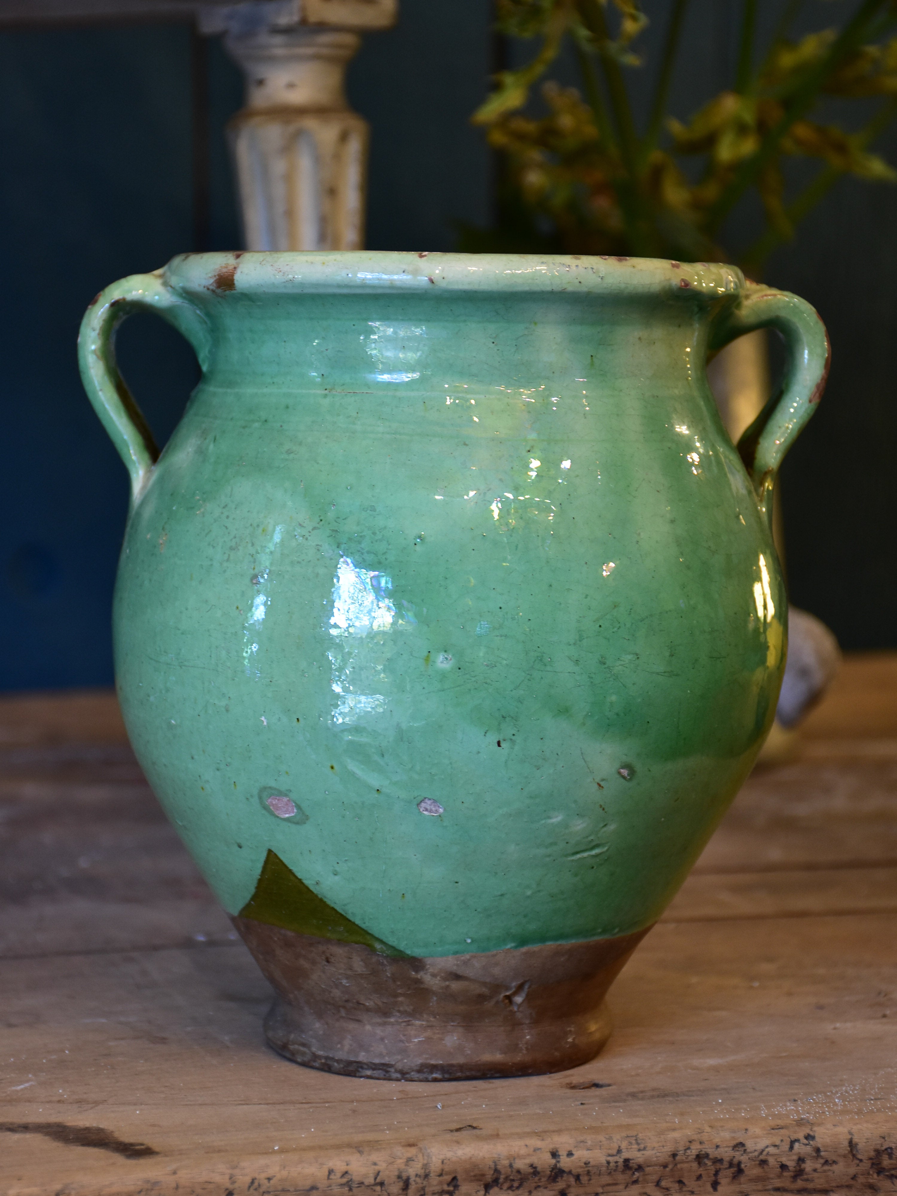 Antique French confit pot with green glaze