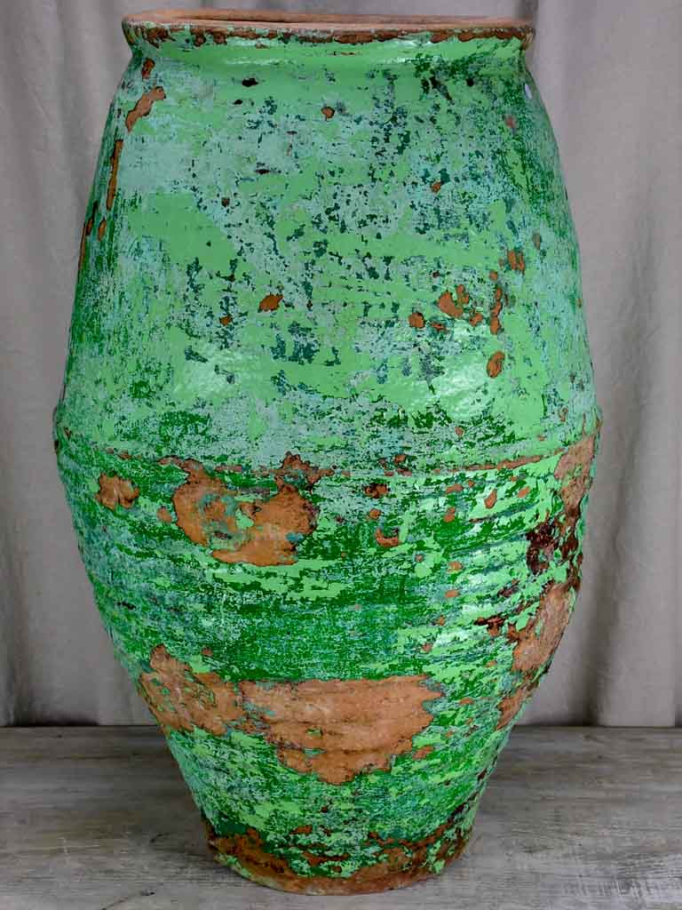 Large antique Spanish olive jar with green / aqua glaze 33¾"