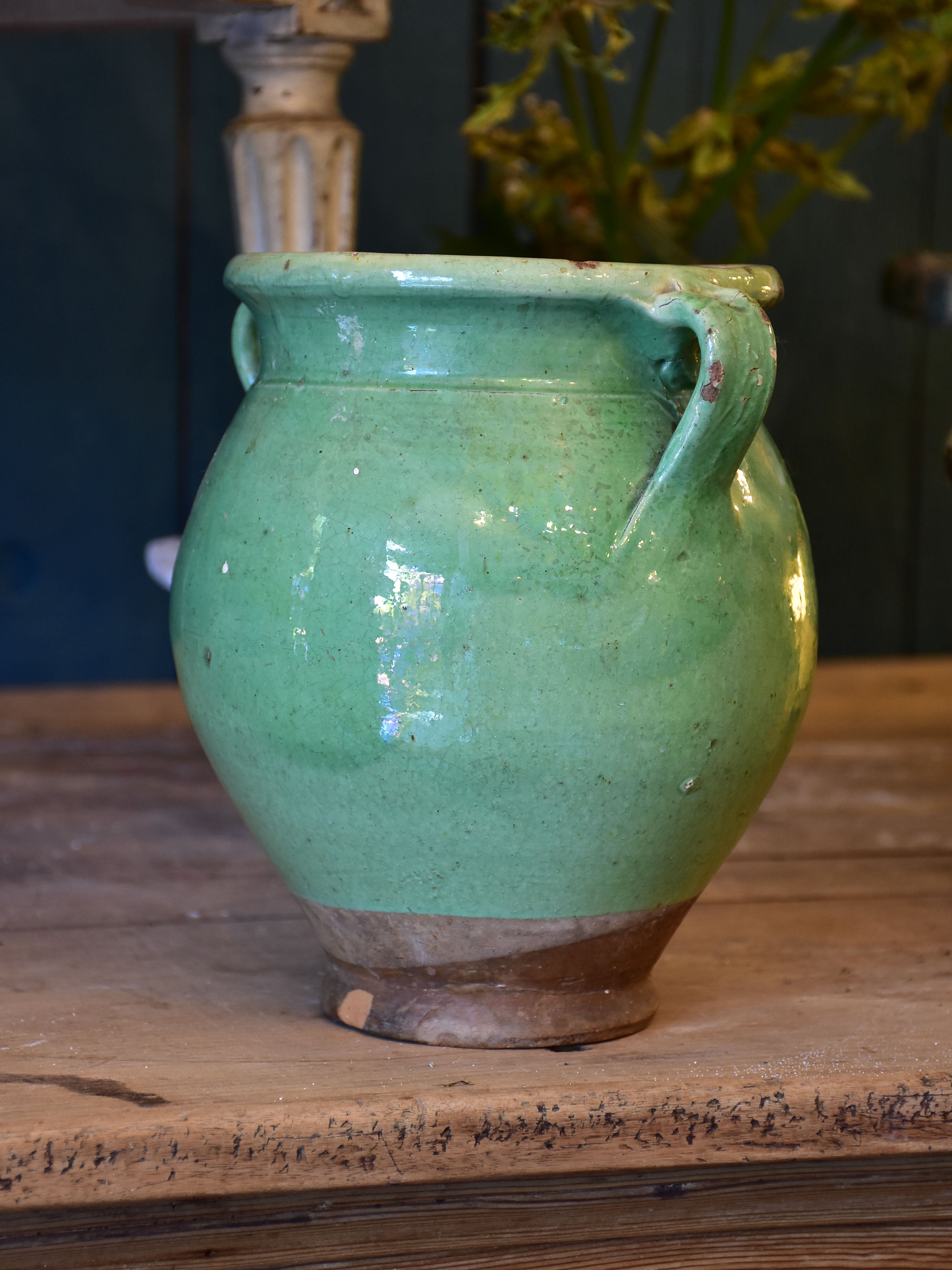 Antique French confit pot with green glaze