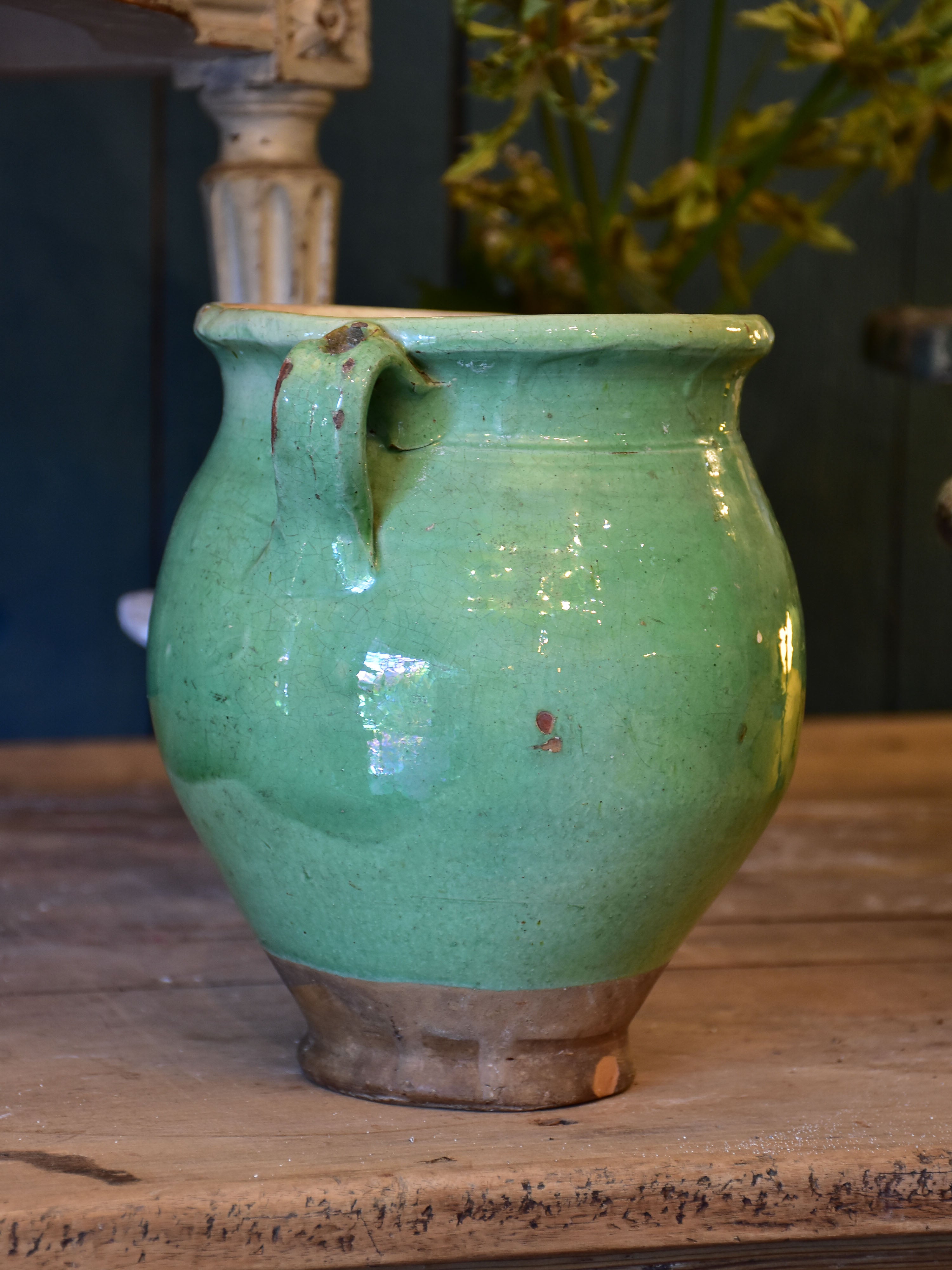 Antique French confit pot with green glaze