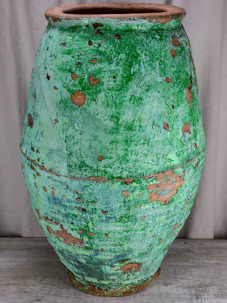 Large antique Spanish olive jar with green / aqua glaze 33¾"