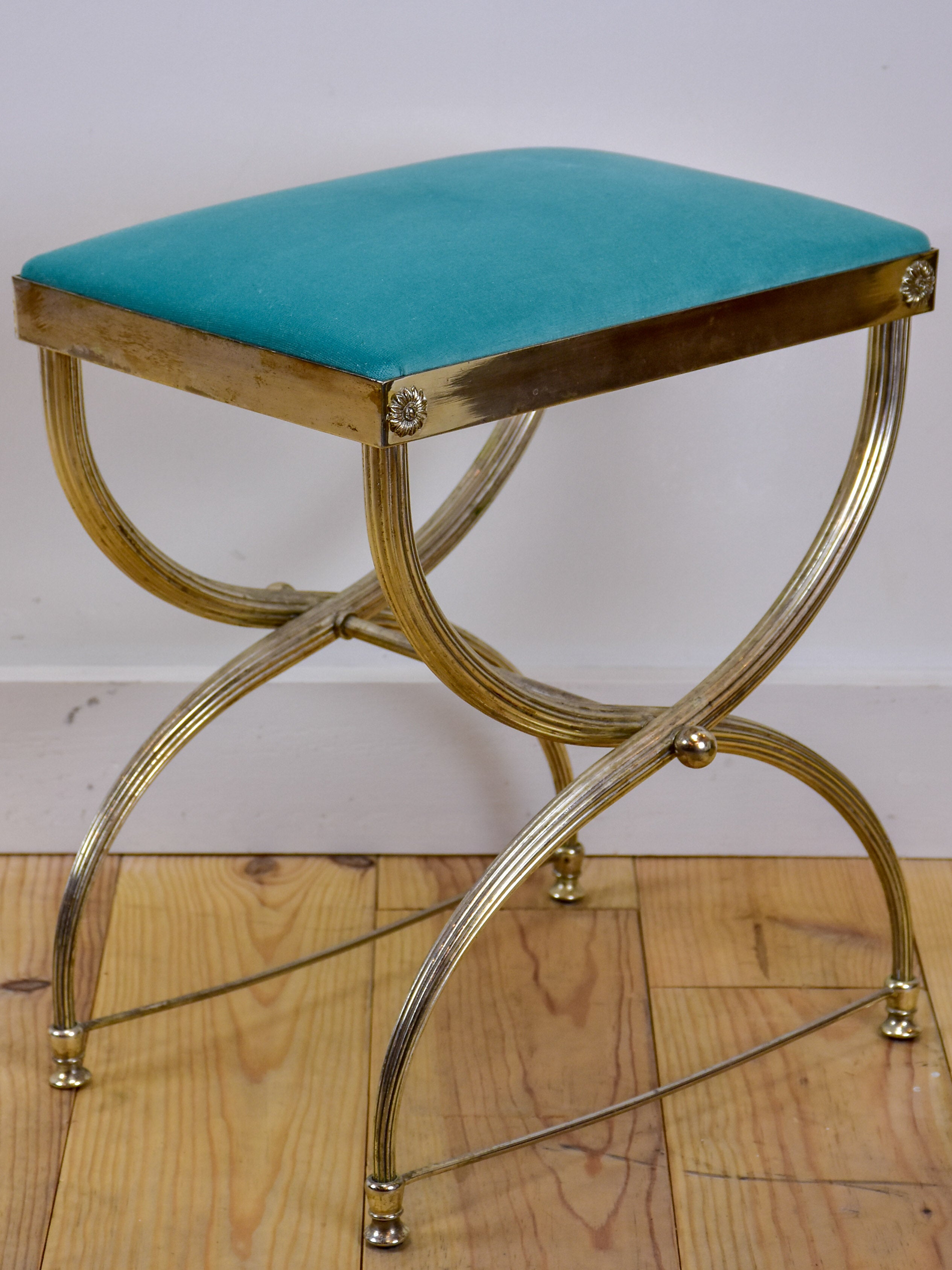 Vintage French footstool with aqua upholstery