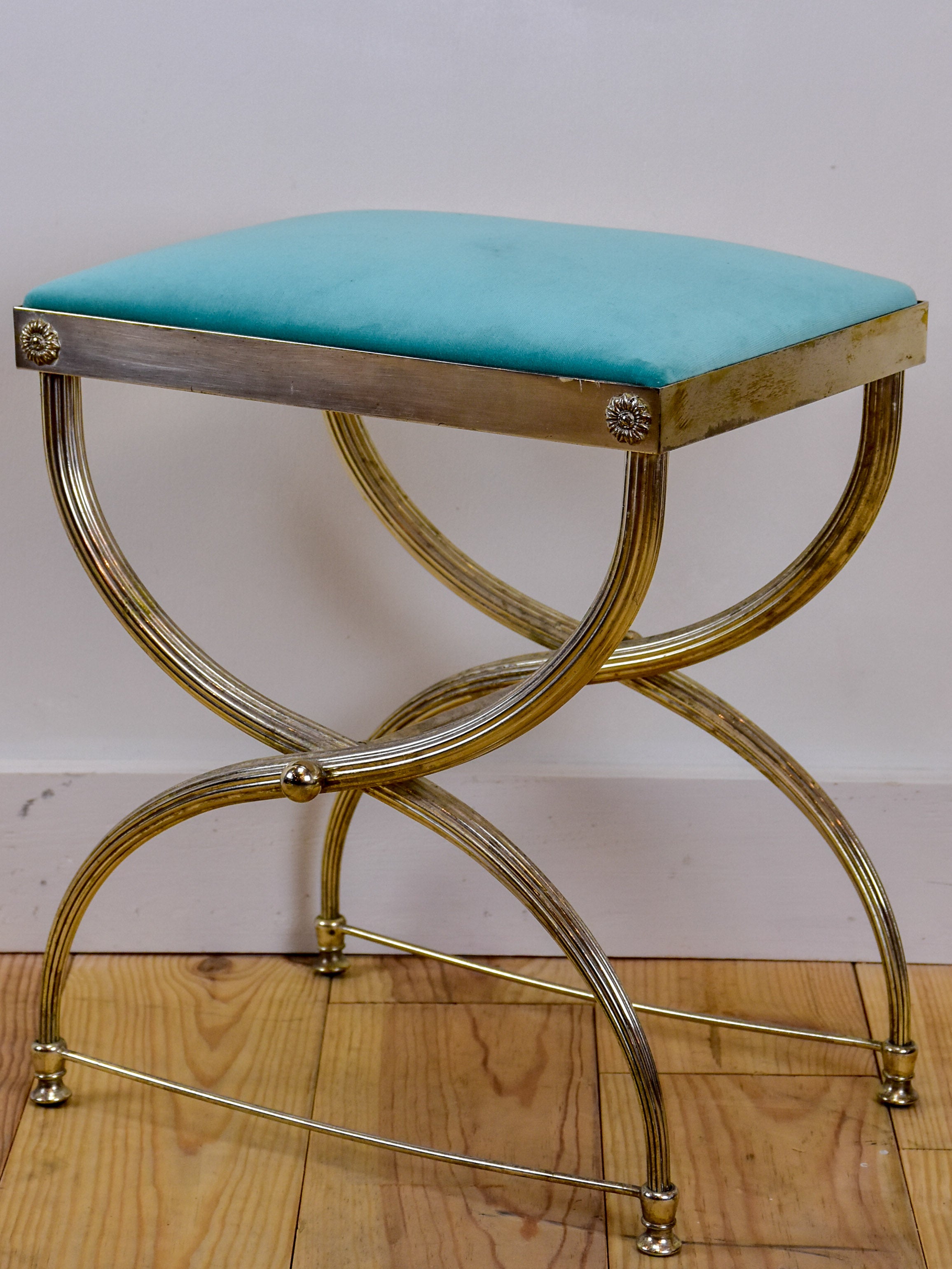 Vintage French footstool with aqua upholstery