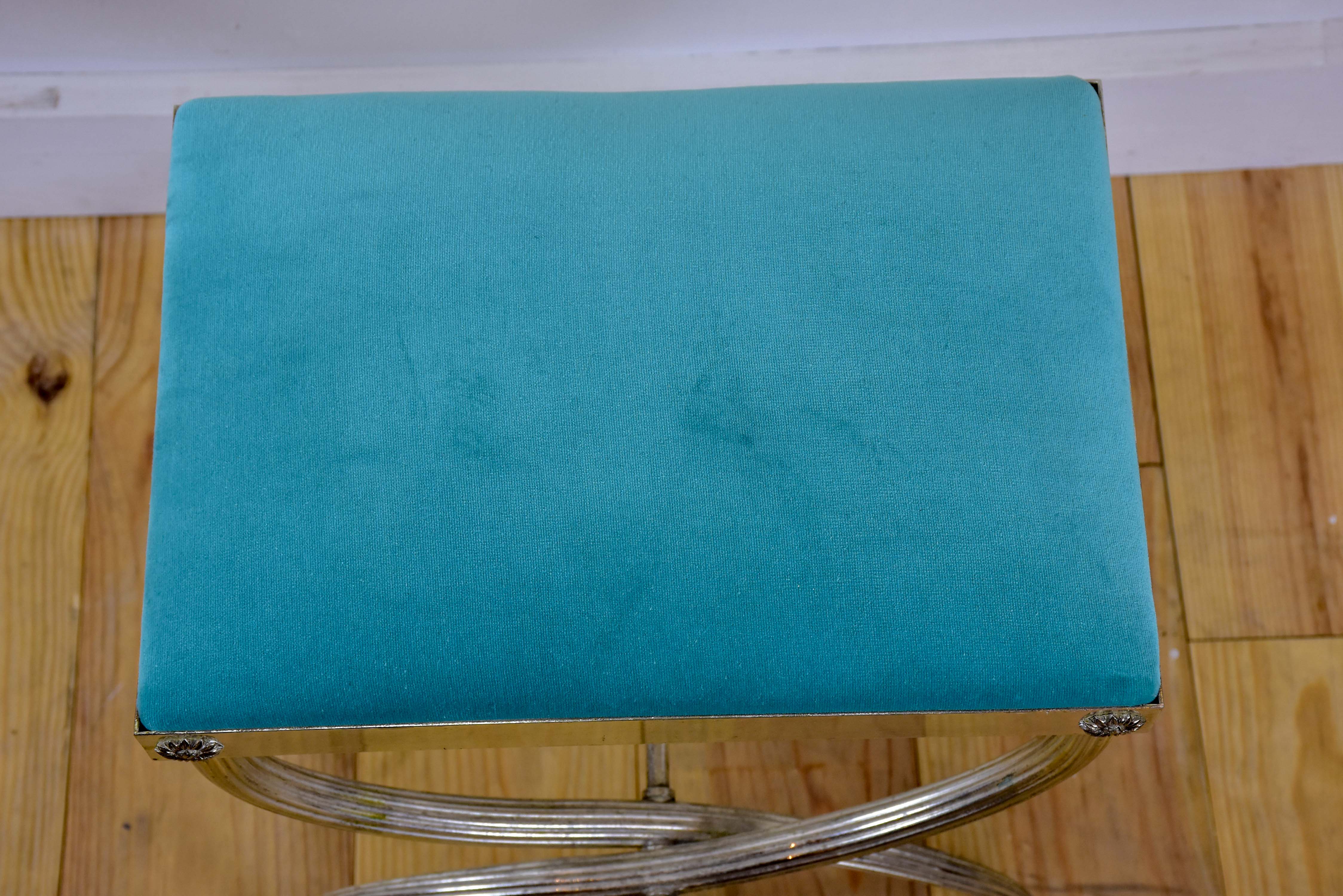 Vintage French footstool with aqua upholstery