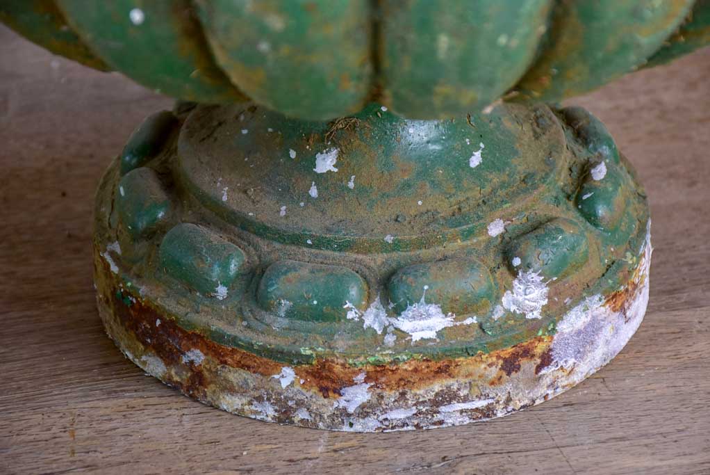 Pair of cast iron French antique garden urns with green patina