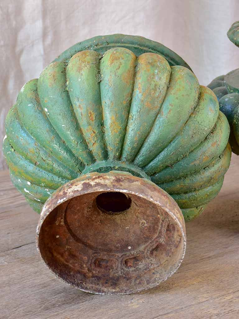 Pair of cast iron French antique garden urns with green patina