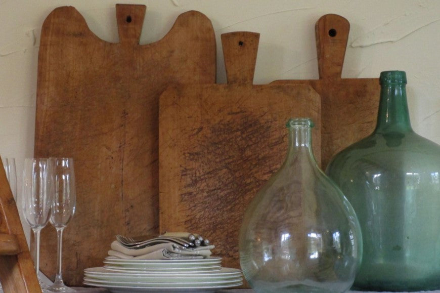 Chunky French cutting board rustic farmhouse with demijohns