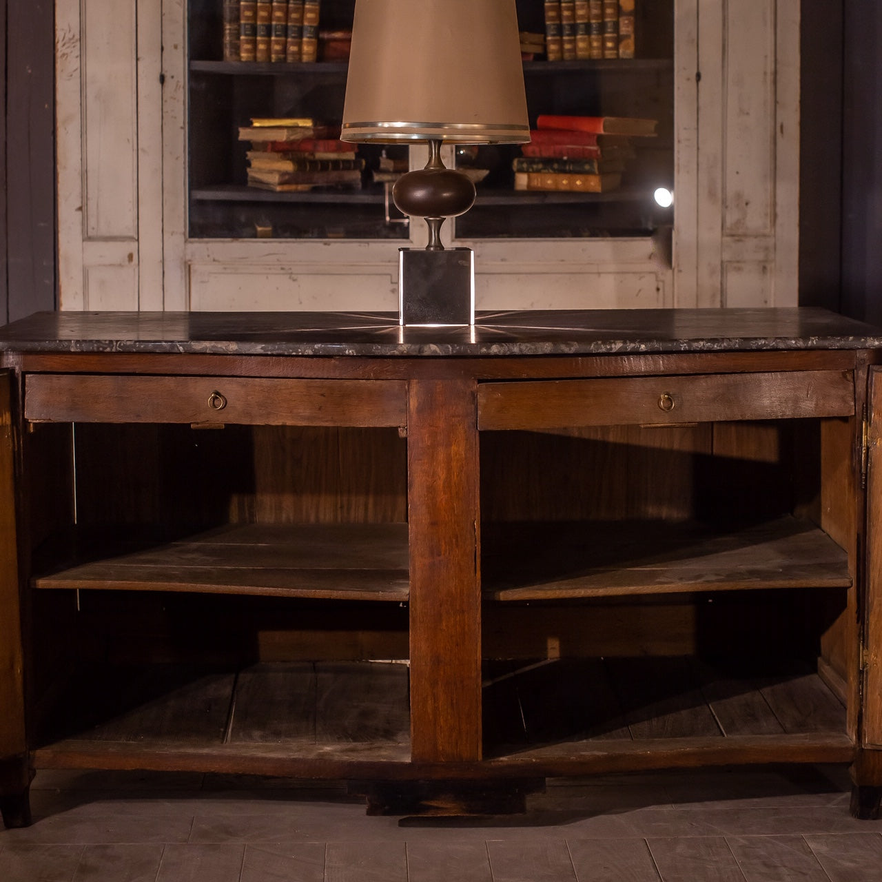 Louis XVI buffet de chasse with grey marble top 65"