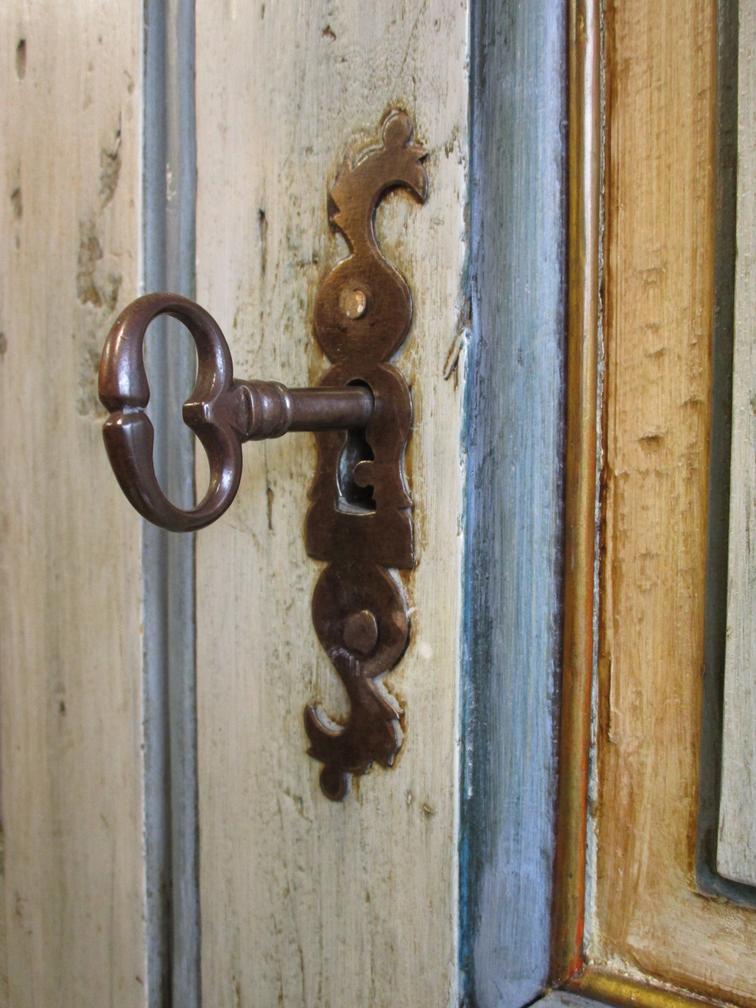 Original key and lock of 18th century French Louis XV painted marriage armoire