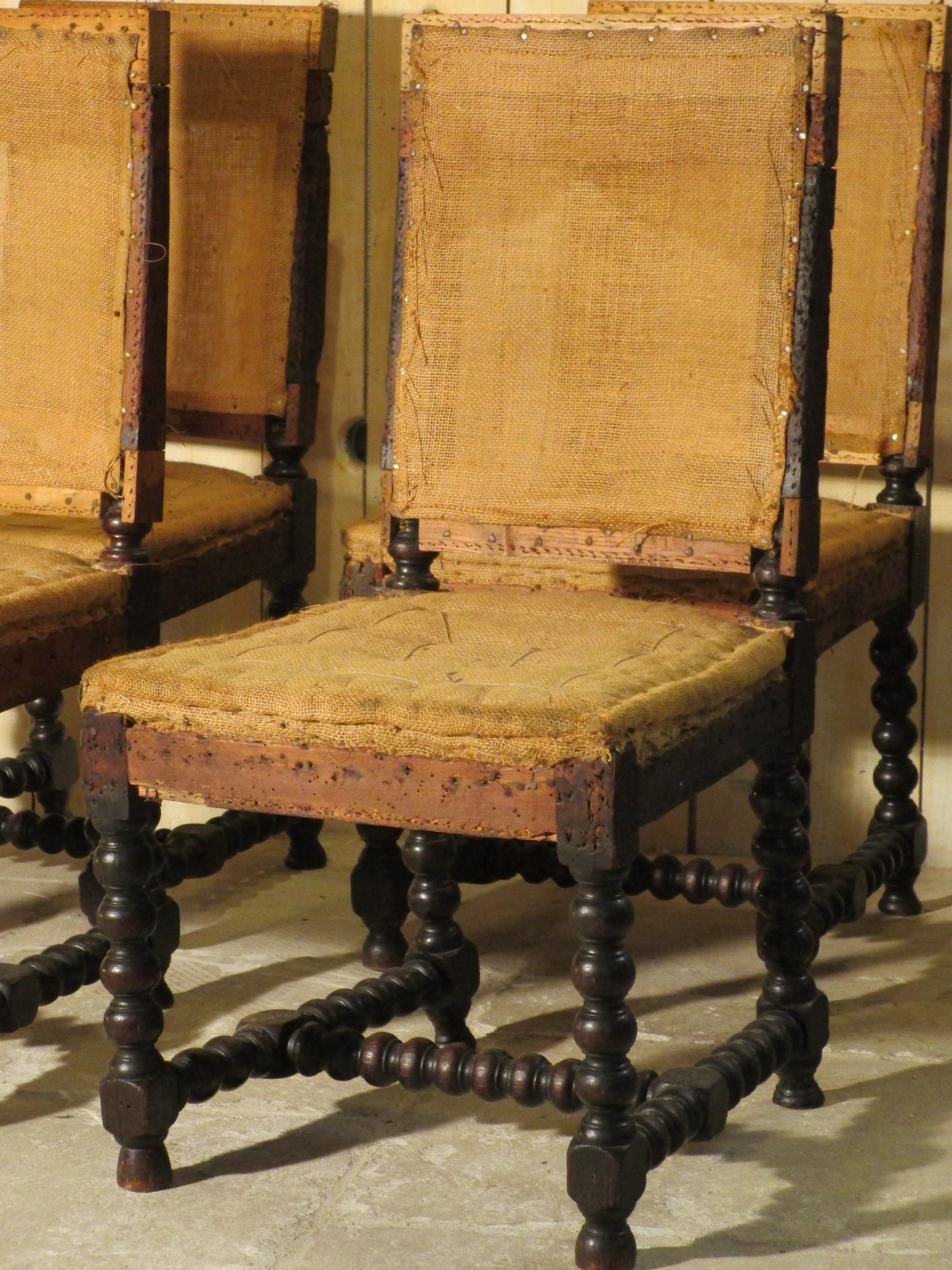 Louis XIII hessian chairs - set of four