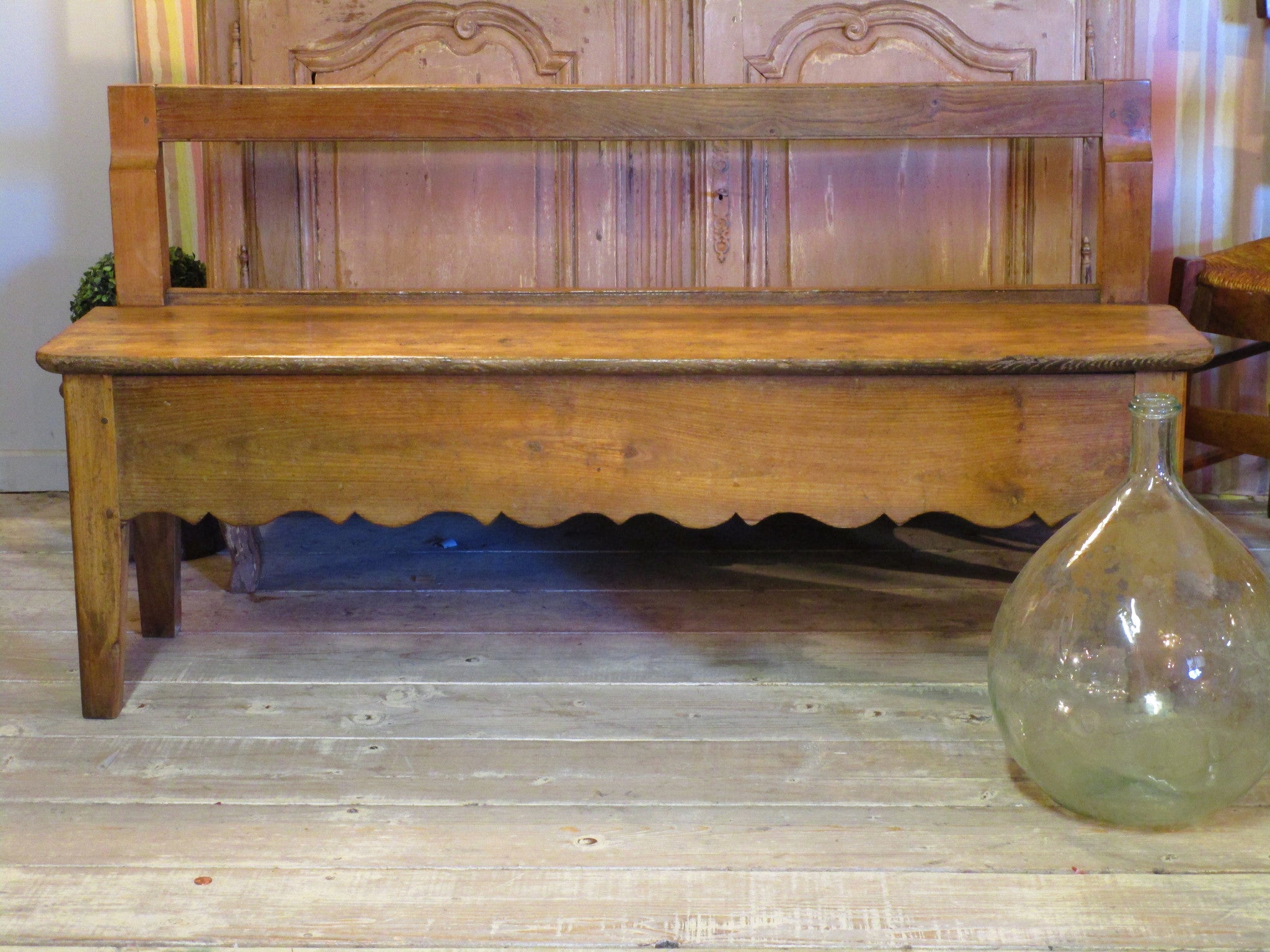 19th century french oak and cherry wood bench seat scalloped detail