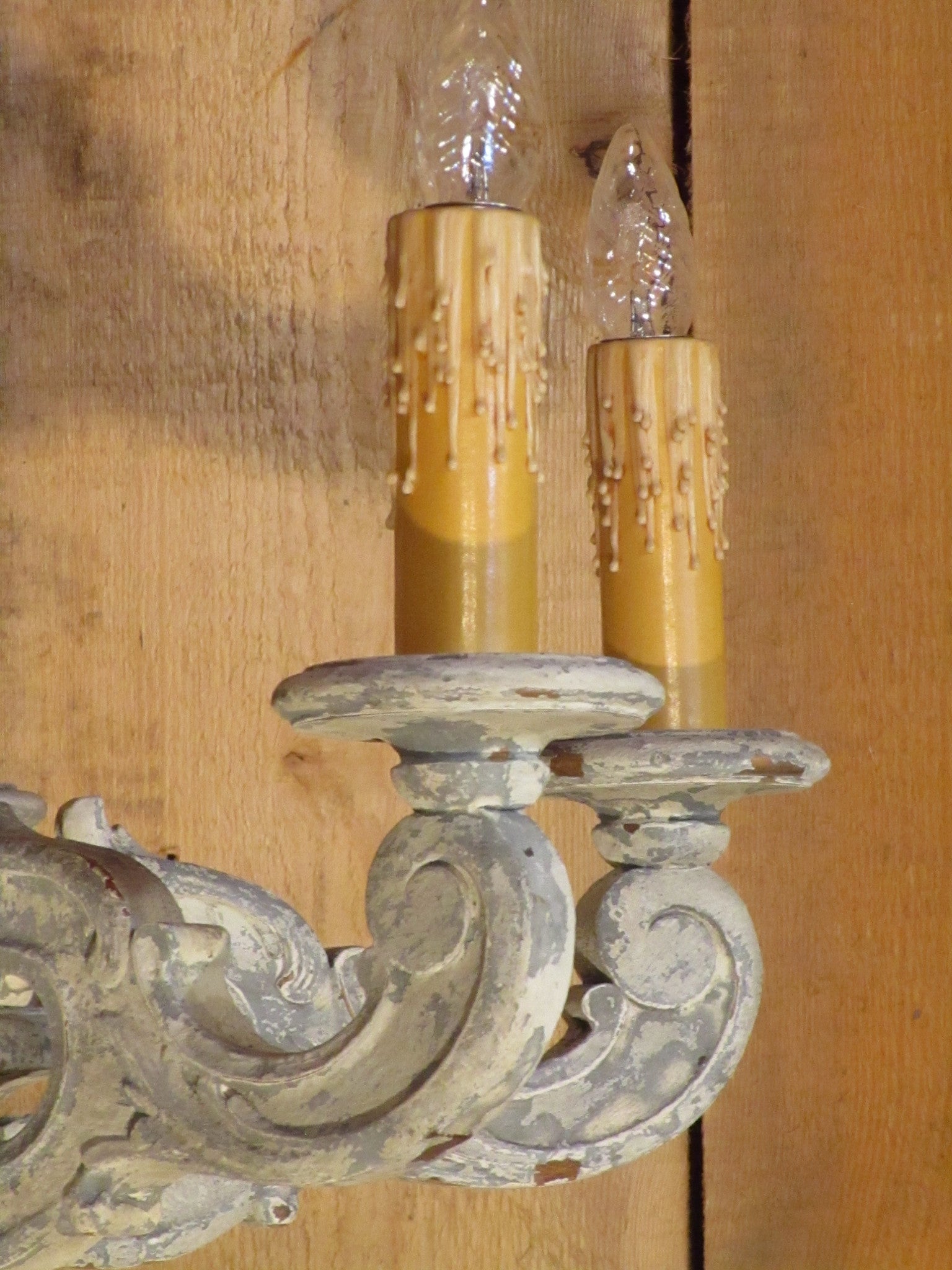 Light detail of French lustre hanging light fitting chalk paint