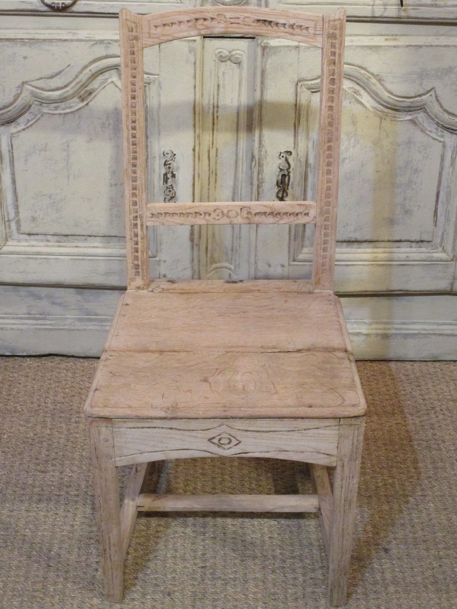 Detail Set of six 18th century French oak rustic chairs farmhouse decor