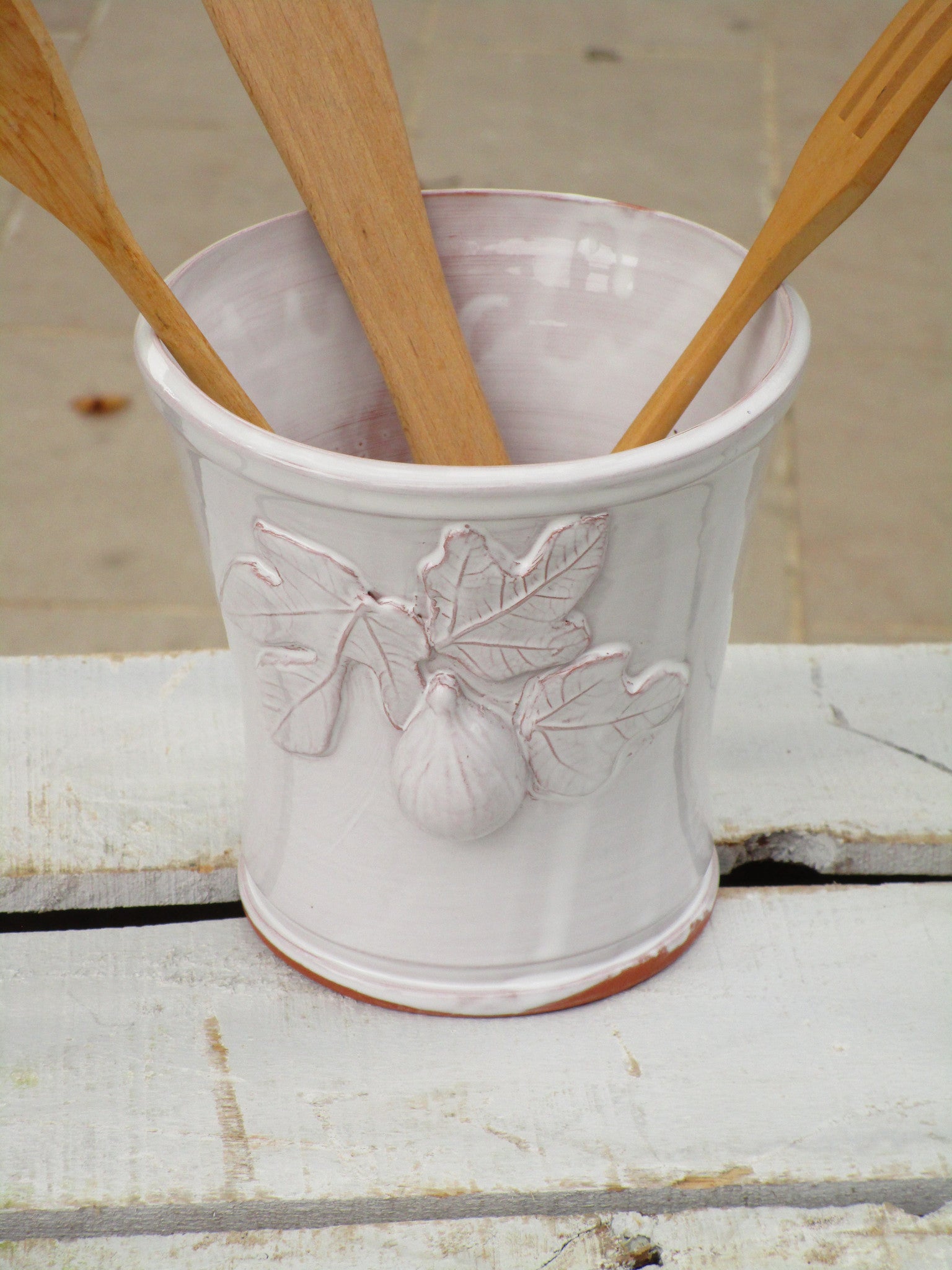 Fig leaf detail - Bespoke french pottery kitchen utensil container ceramic