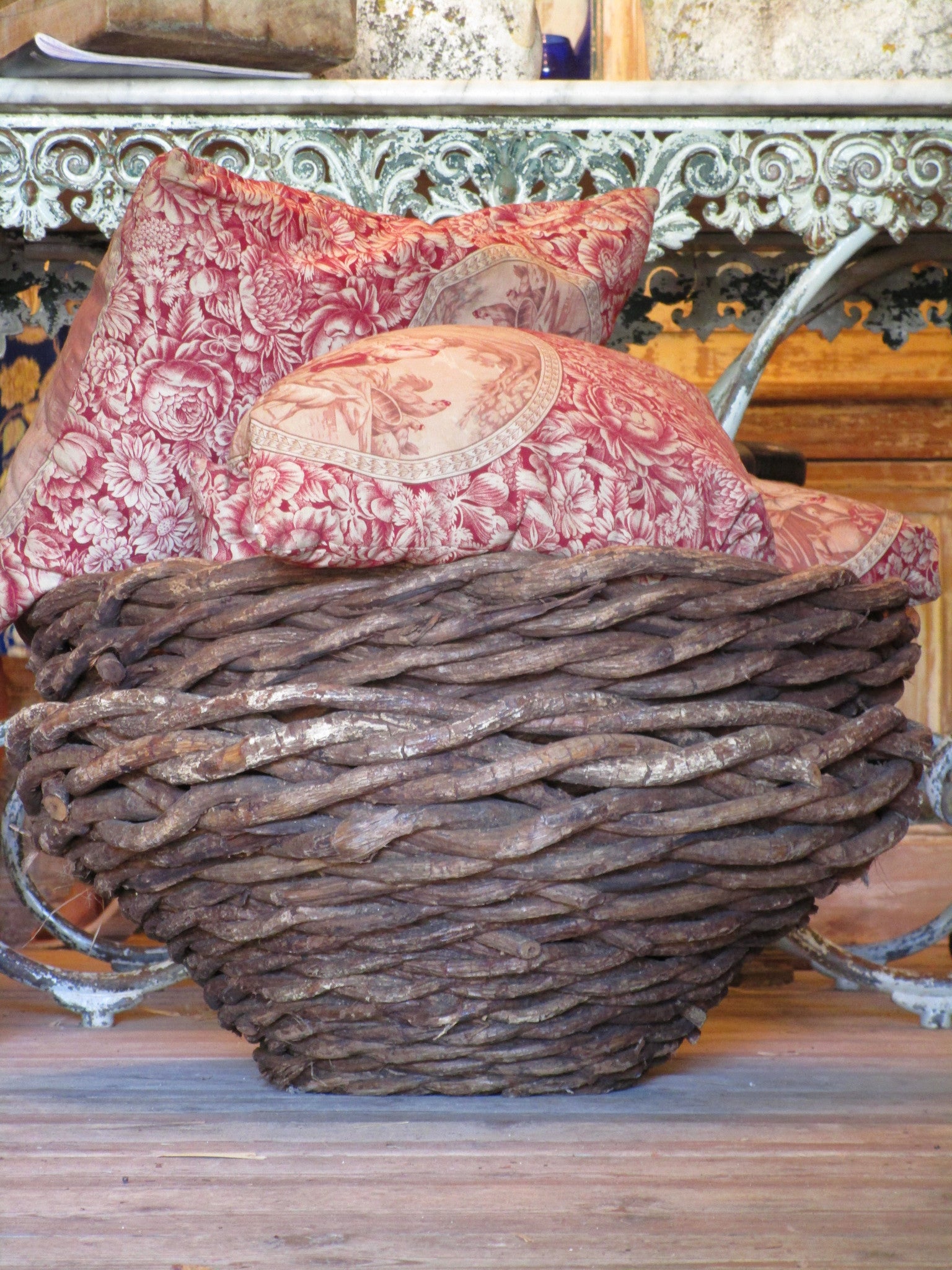 Large woven french baskets pair