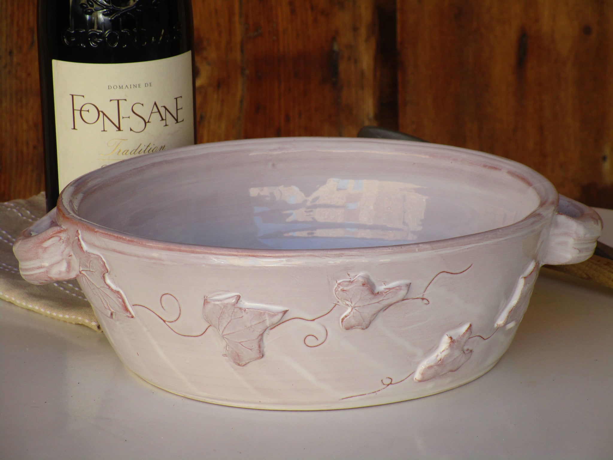 Artisanal vine-adorned bespoke baking dish