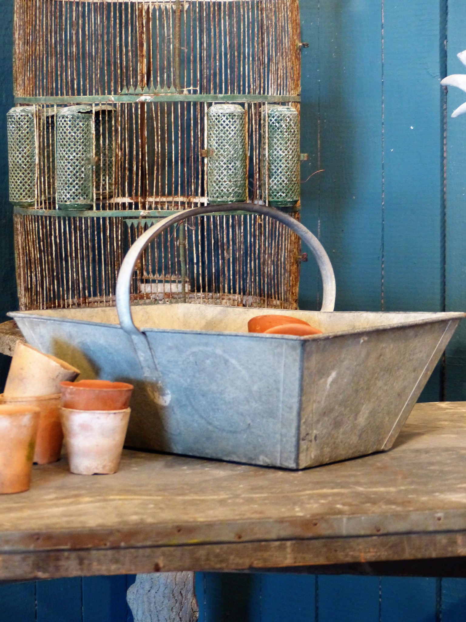 19th century French zinc basket with small vintage terracotta pots