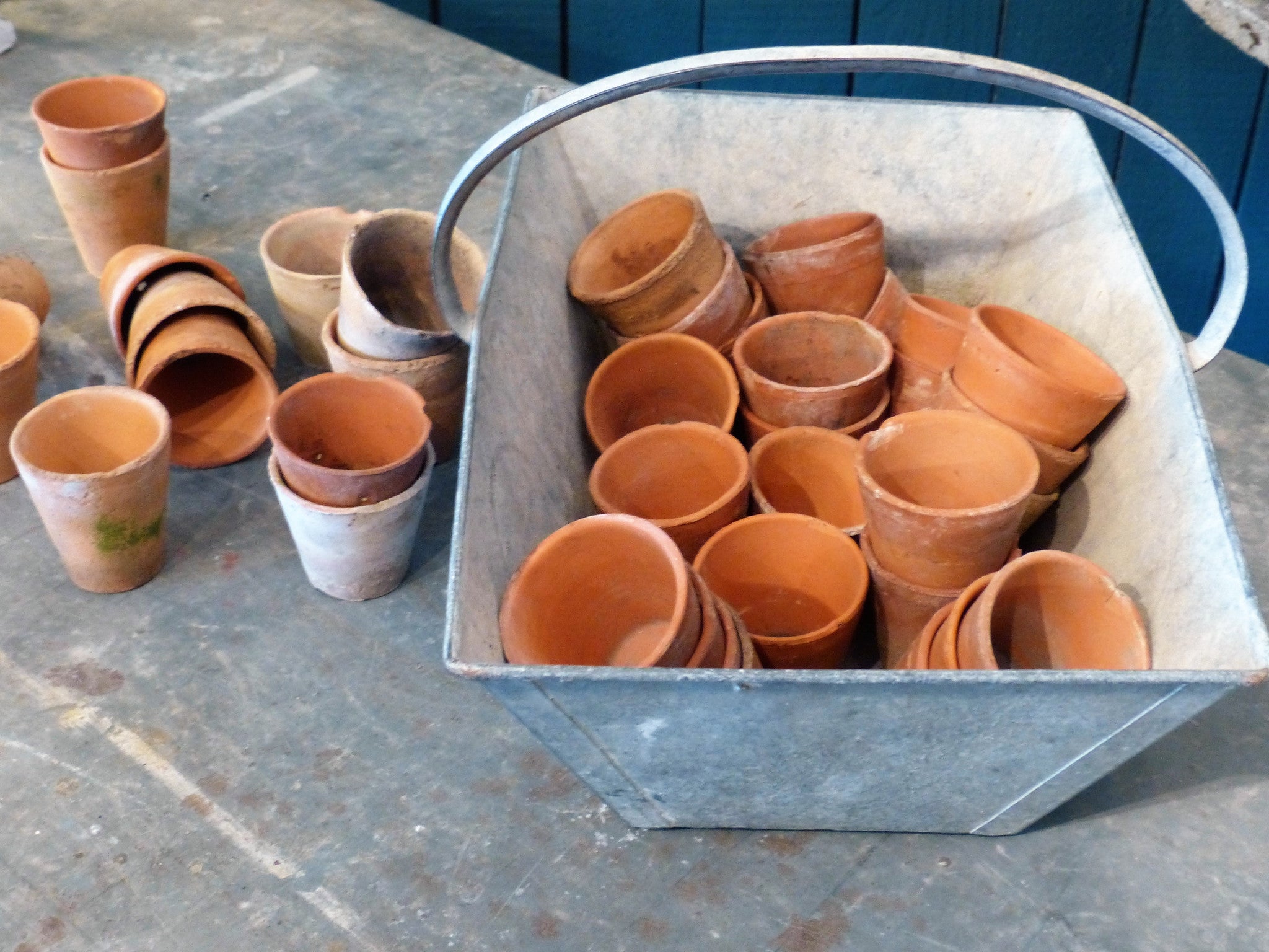 Zinc basket with terracotta pots, 19th-century