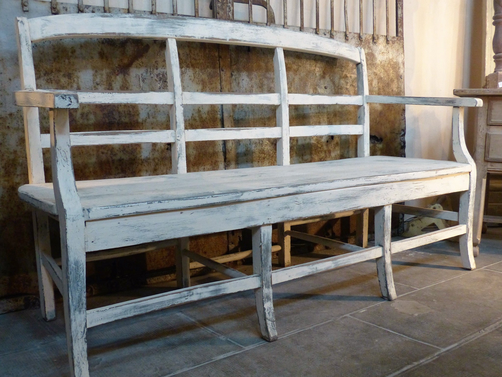 French bench seat white patina modern farmhouse décor bedroom