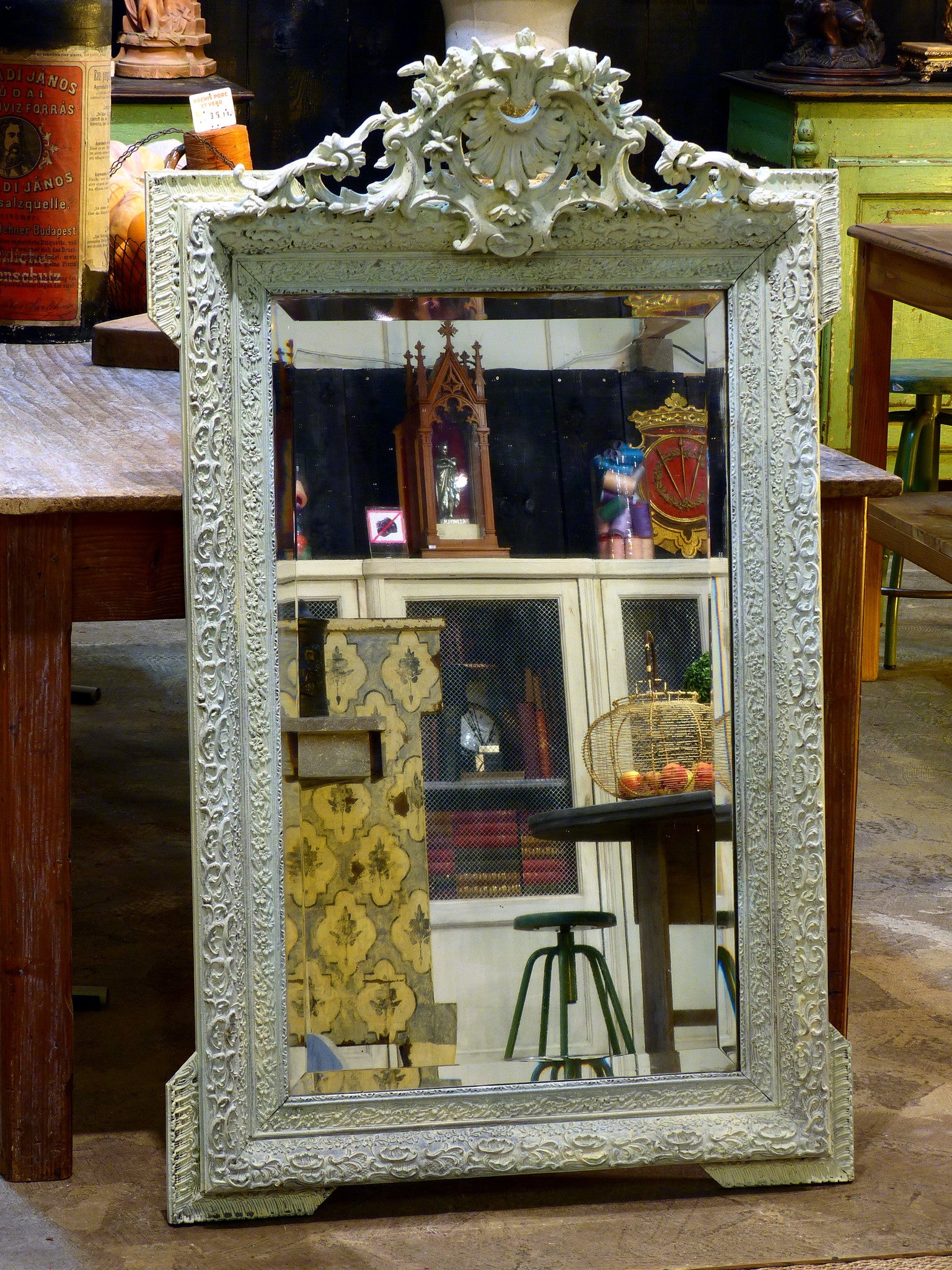 Large Napoleon III mirror with white patina